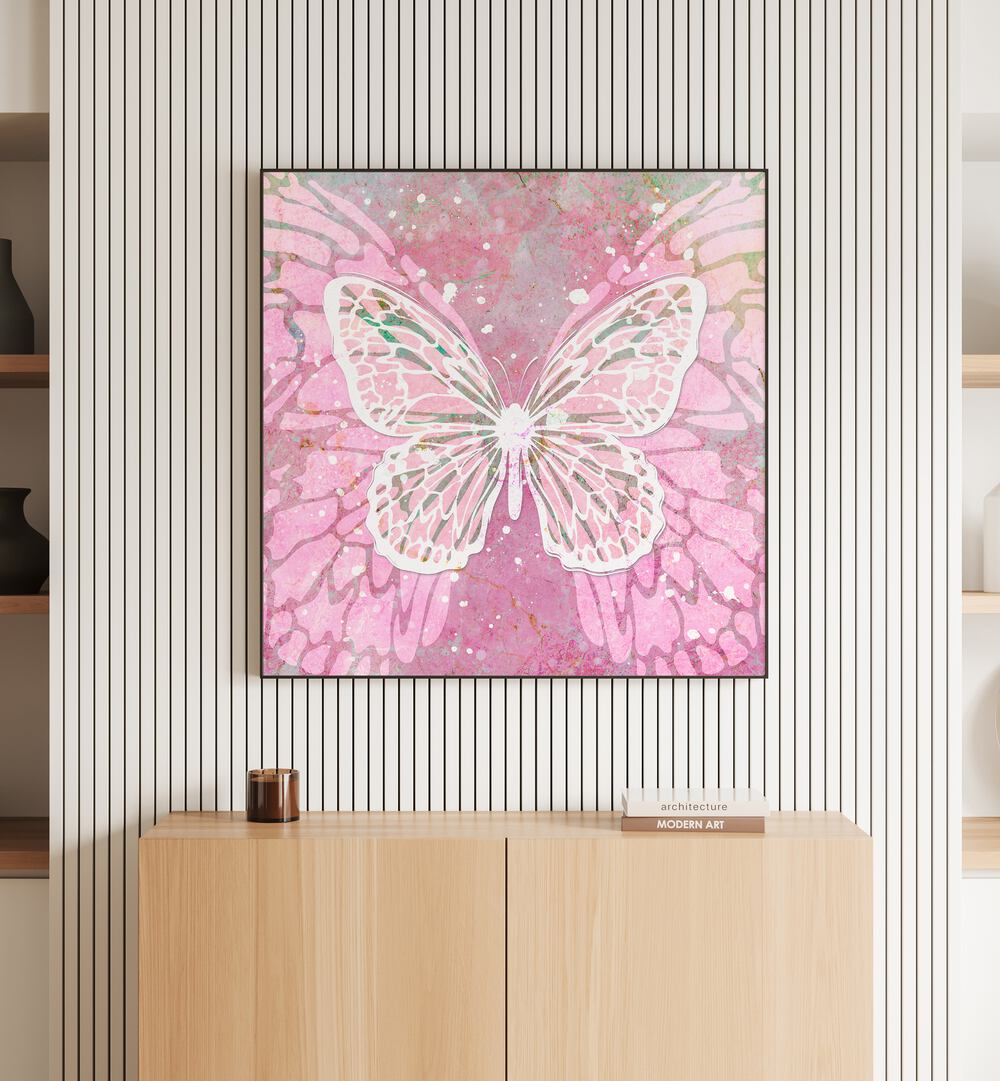 Pink Butterfly by Martina Fashion Paintings Fashion Posters placed on wall 