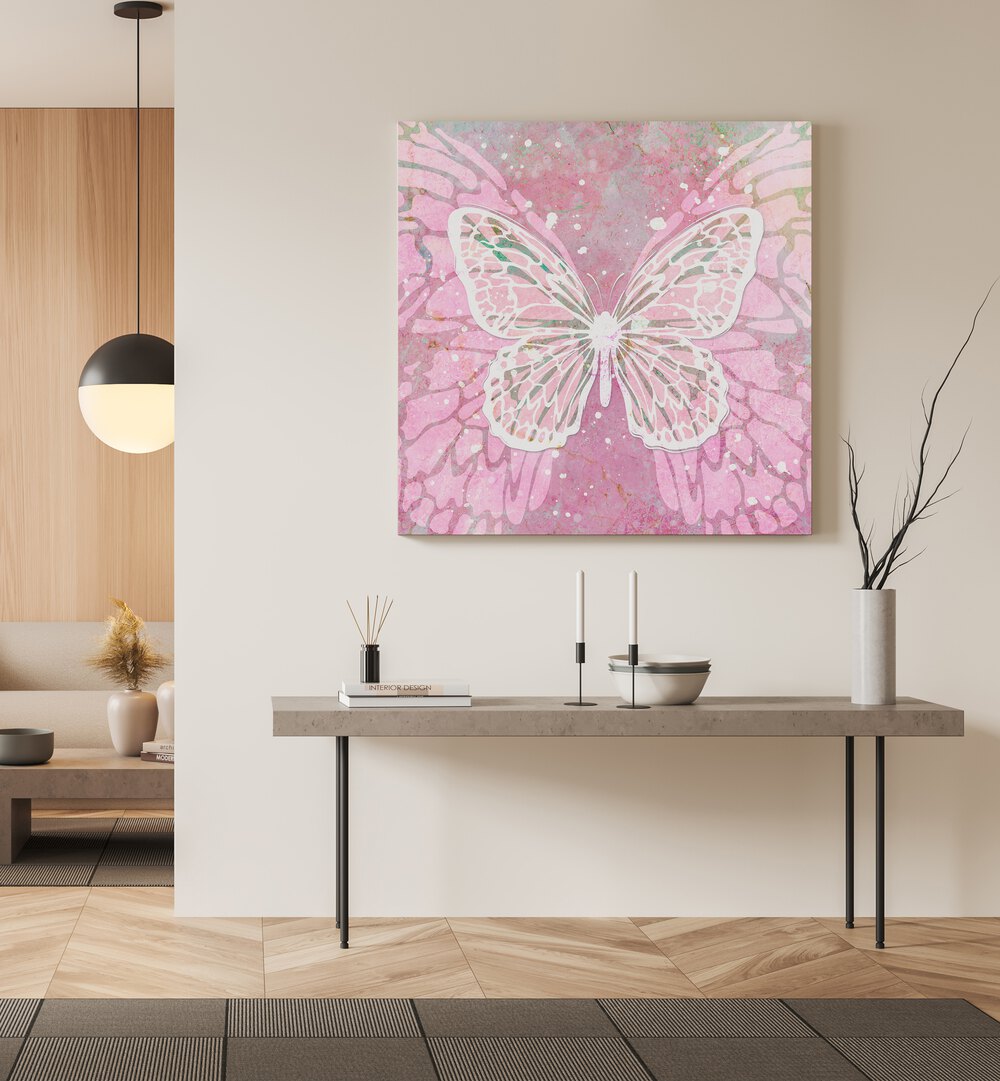 Pink Butterfly by Martina Fashion Paintings Fashion Posters placed on wall 