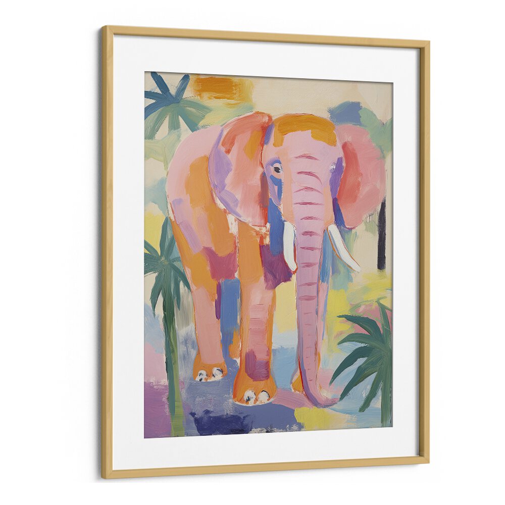 Pink Elephant  Kids Paintings in Oak Wood Frame With Mount