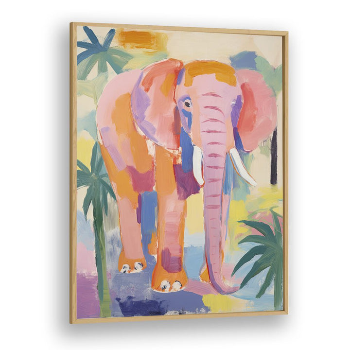 Pink Elephant  Kids Paintings in Oak Wood Plain Frame