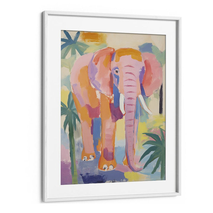 Pink Elephant  Kids Paintings in White Frame With Mount