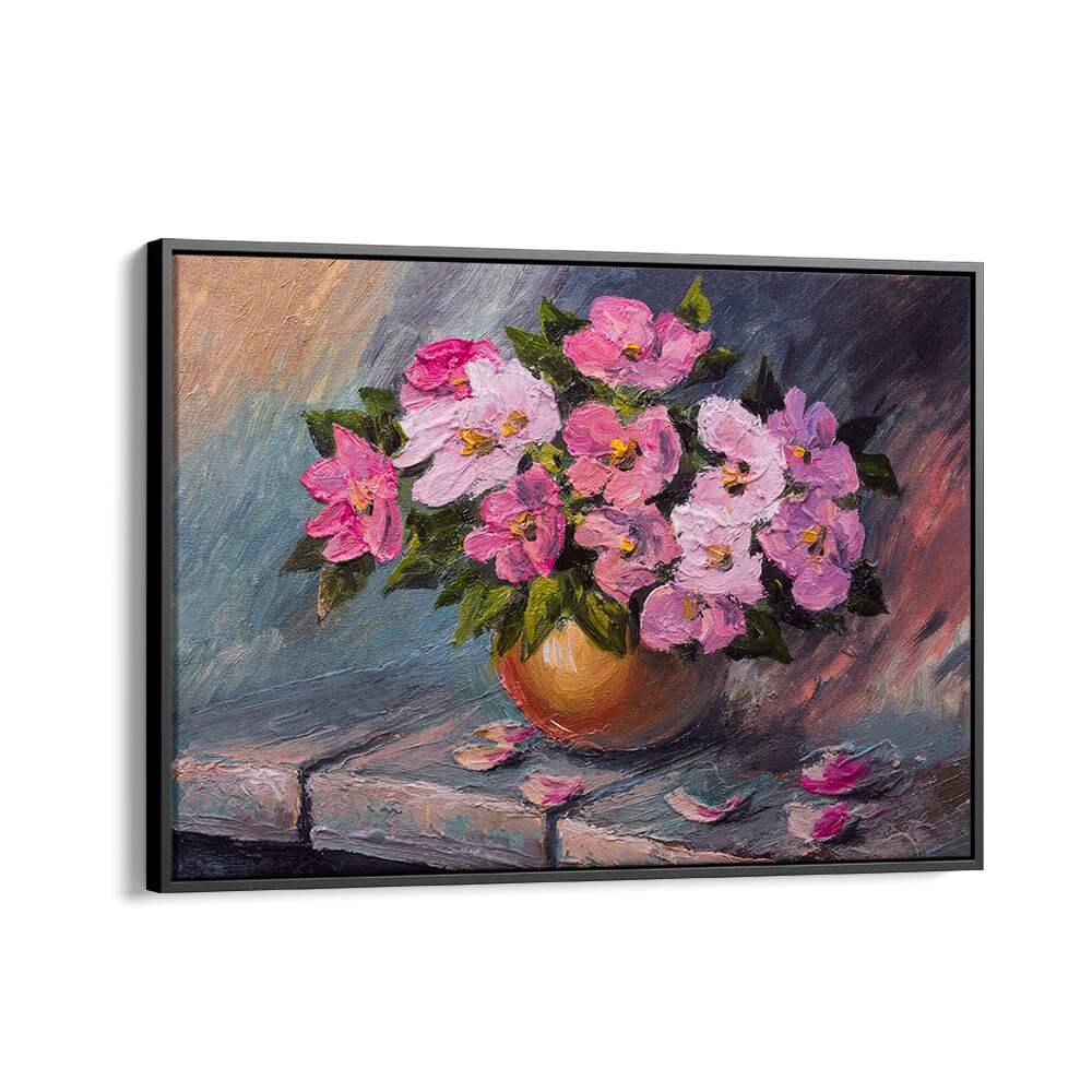 Pink Flowers Vintage European Paintings in Black Floater Frame