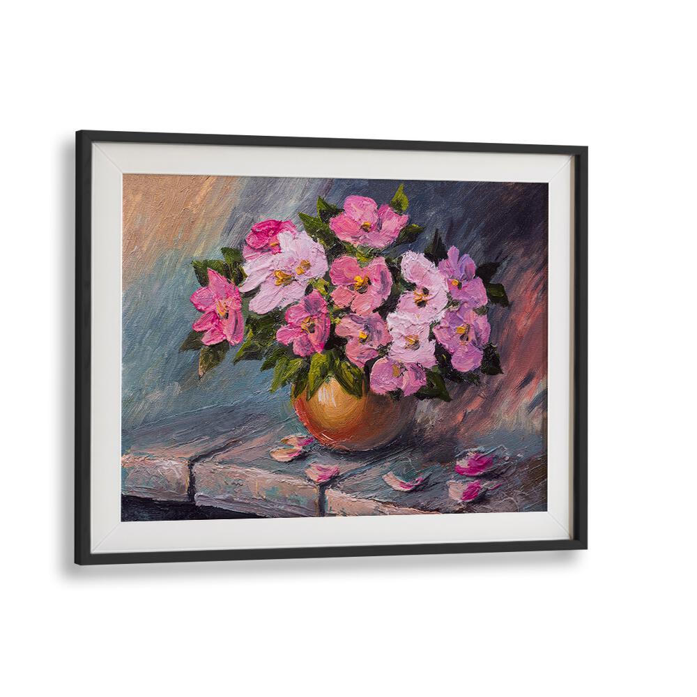 Pink Flowers Vintage European Paintings in Black Frame With Mount