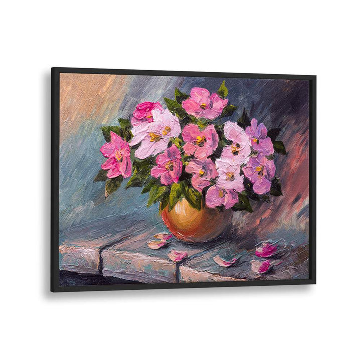 Pink Flowers Vintage European Paintings in Black Plain Frame