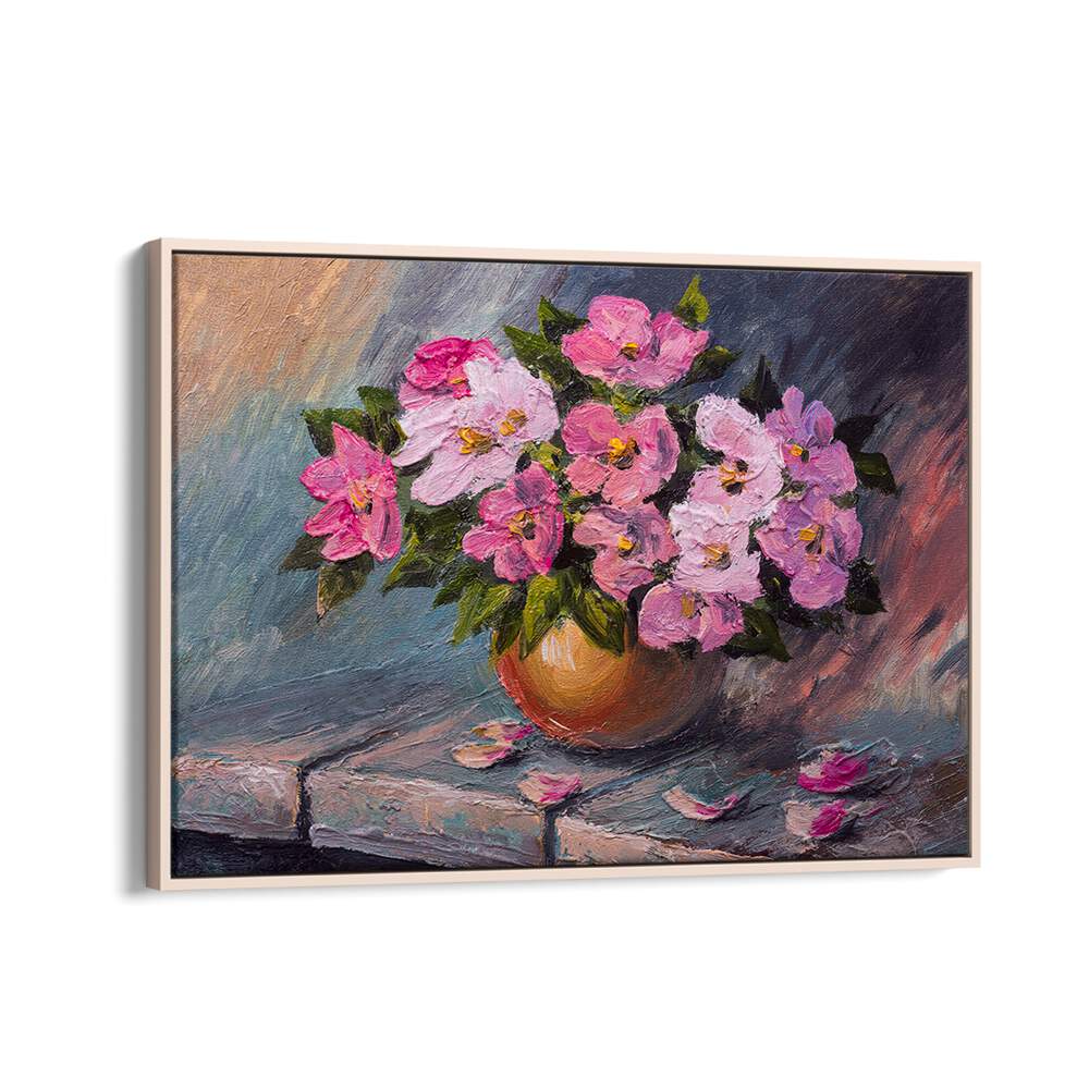 Pink Flowers Vintage European Paintings in Oak Wood Floater Frame