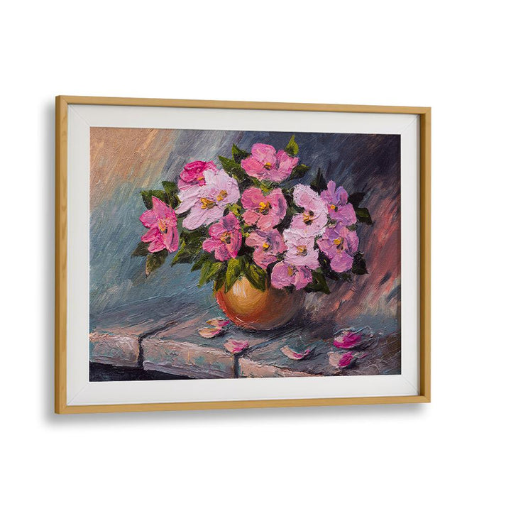 Pink Flowers Vintage European Paintings in Oak Wood Frame With Mount