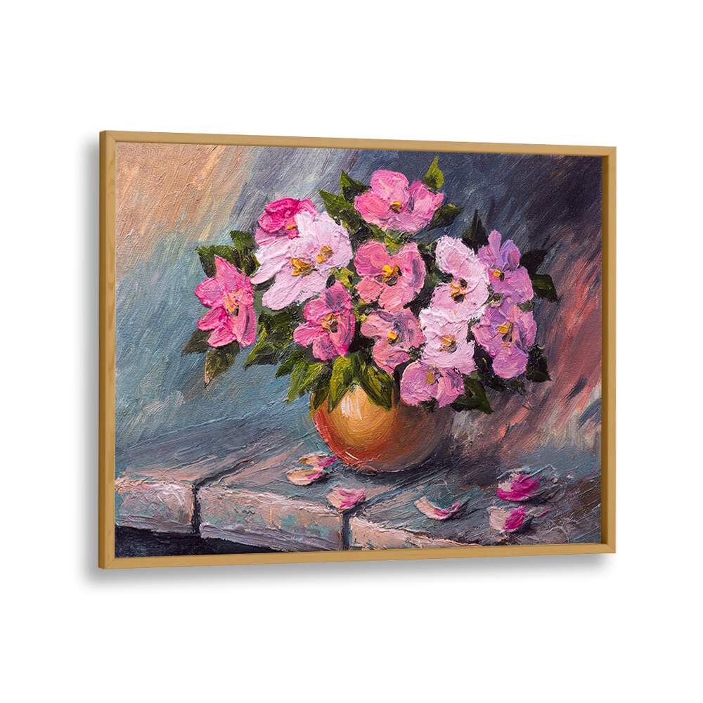 Pink Flowers Vintage European Paintings in Oak Wood Plain Frame