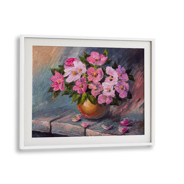 Pink Flowers Vintage European Paintings in White Frame With Mount