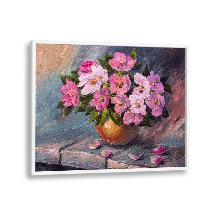 Pink Flowers Vintage European Paintings in White Plain Frame