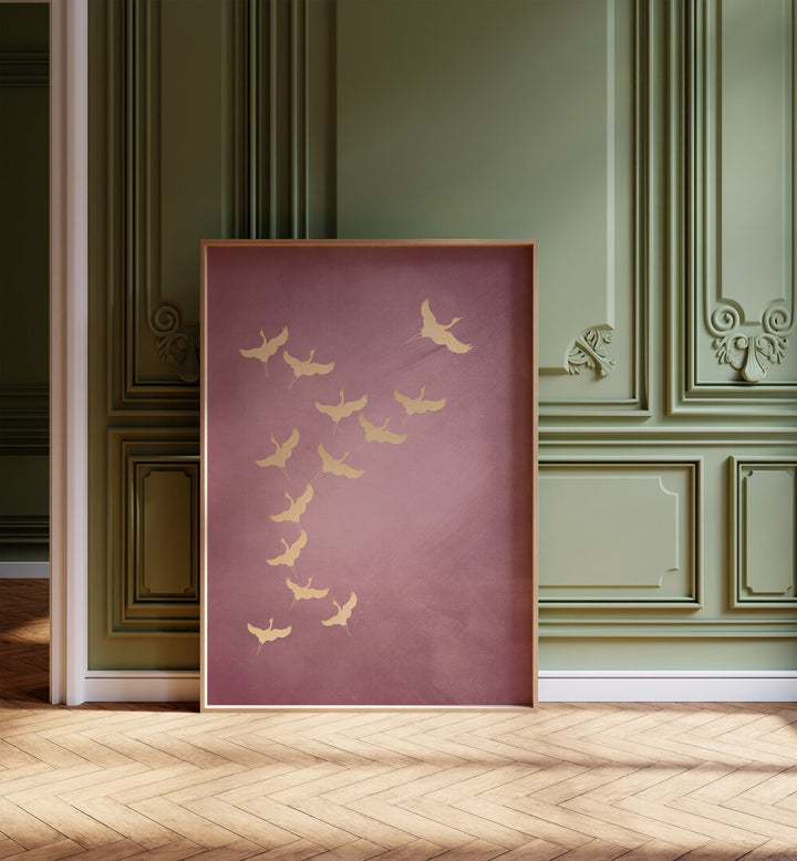 Pink Flying Cranes By Aureous Wildlife Art Prints in Oak Wood Plain Frame placed on the floor near a Green Colored Wall in the Alley Way