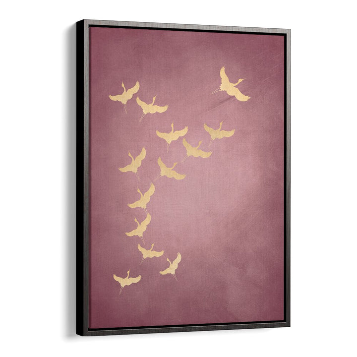 Pink Flying Cranes By Aureous Wildlife Art Prints in Black Floater Frame