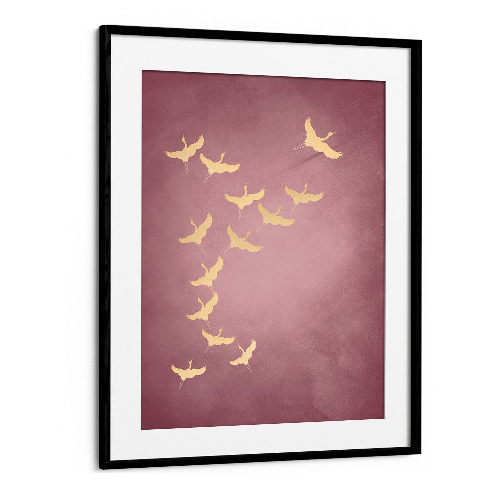 Pink Flying Cranes By Aureous Wildlife Art Prints in Black Frame With Mount