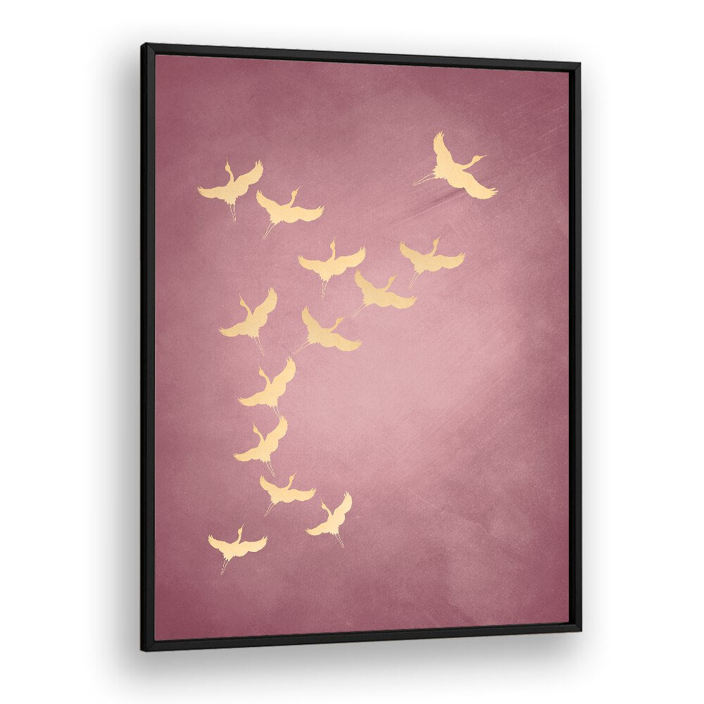 Pink Flying Cranes By Aureous Wildlife Art Prints in Black Plain Frame