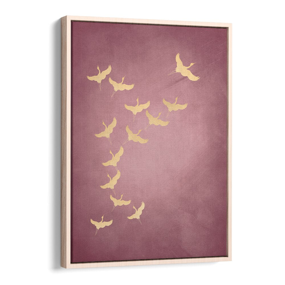 Pink Flying Cranes By Aureous Wildlife Art Prints in Oak Wood Floater Frame