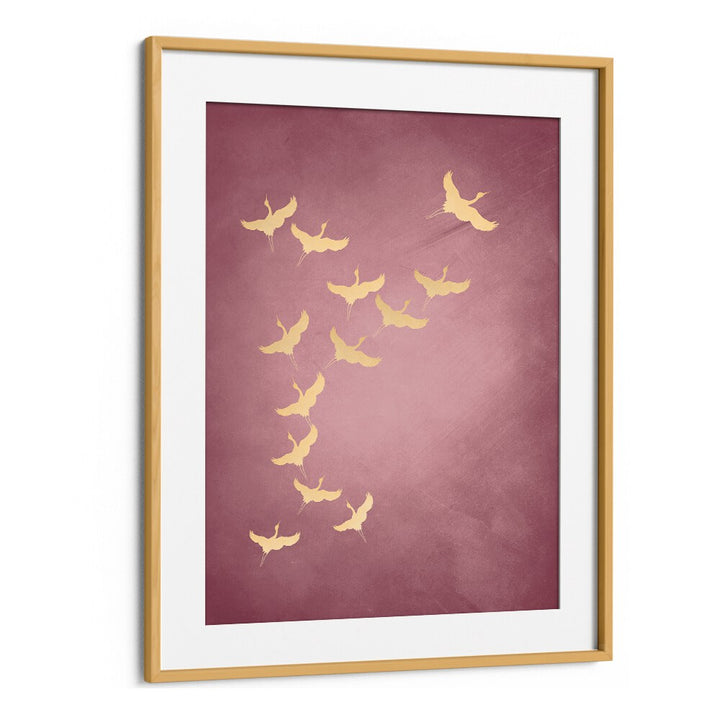 Pink Flying Cranes By Aureous Wildlife Art Prints in Oak Wood Frame With Mount