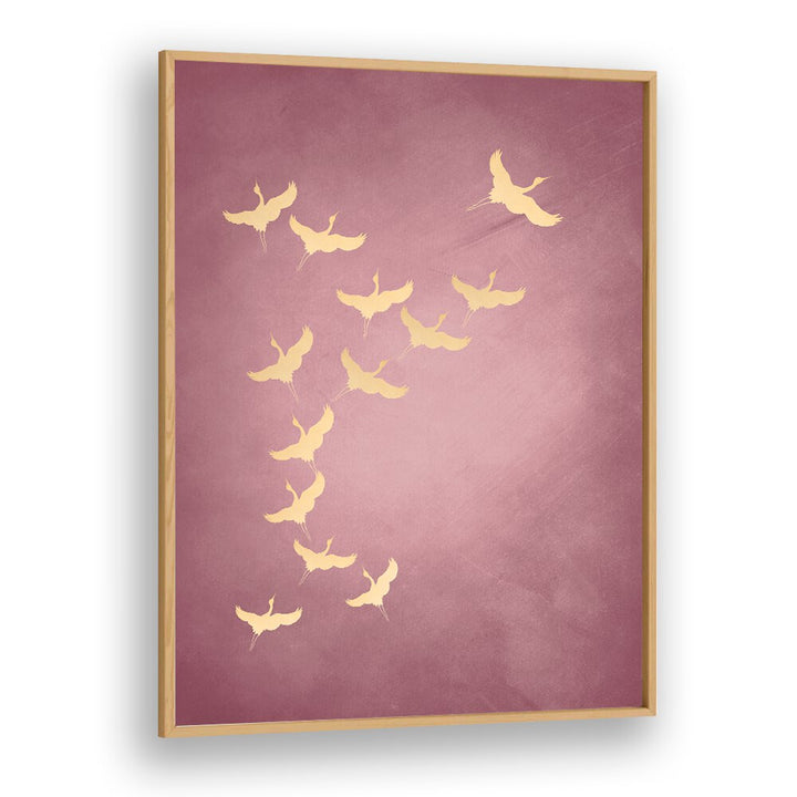 Pink Flying Cranes By Aureous Wildlife Art Prints in Oak Wood Plain Frame