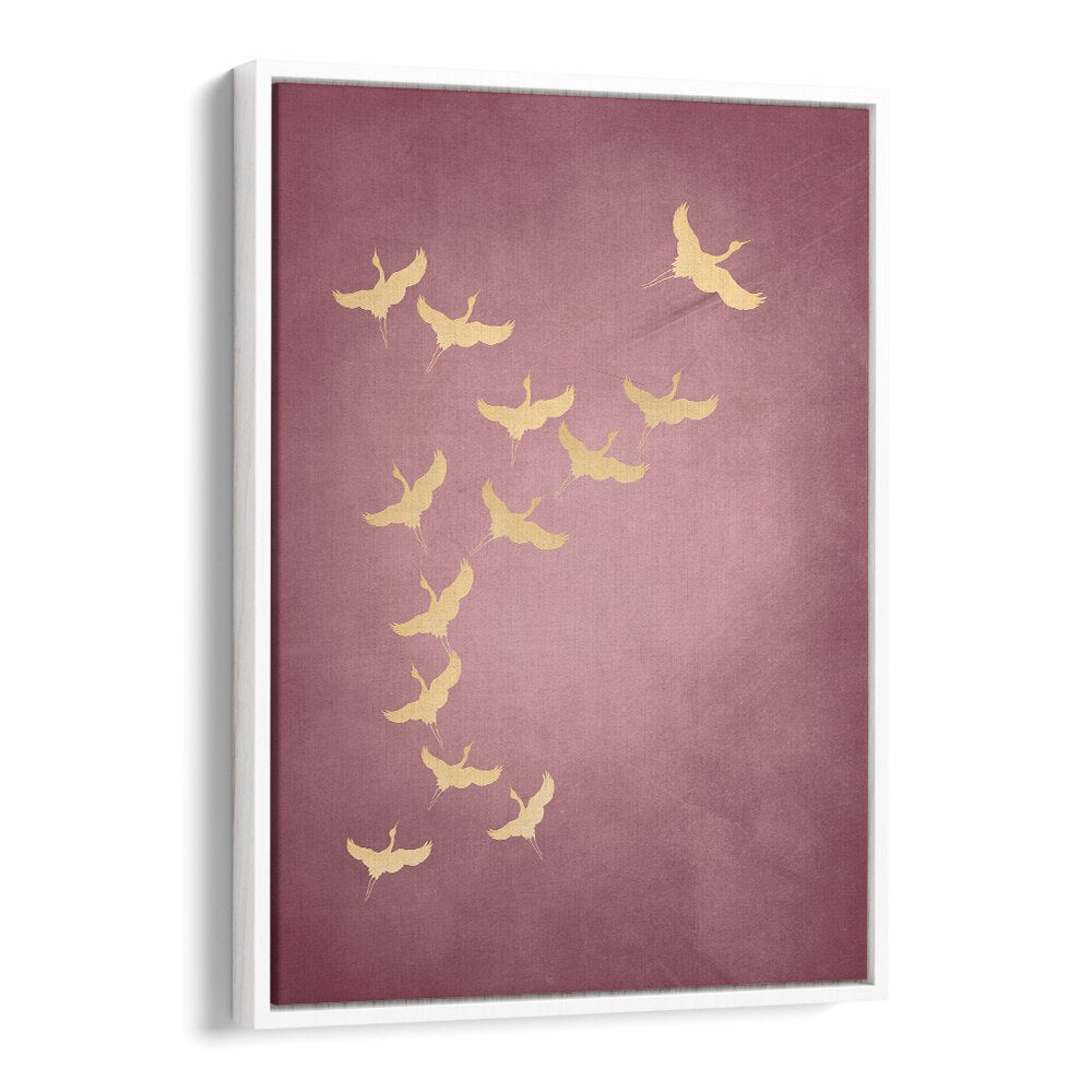 Pink Flying Cranes By Aureous Wildlife Art Prints in White Floater Frame