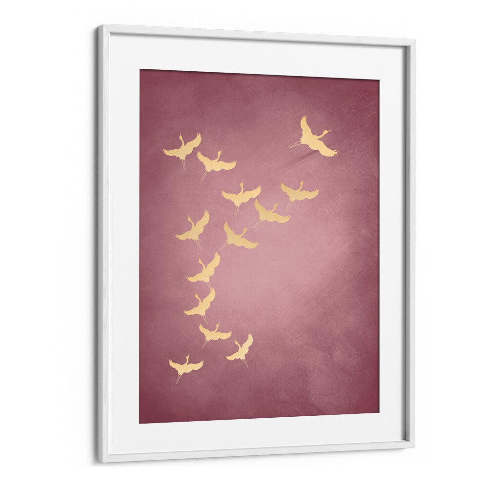 Pink Flying Cranes By Aureous Wildlife Art Prints in White Frame With Mount