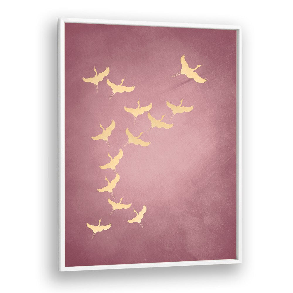 Pink Flying Cranes By Aureous Wildlife Art Prints in White Plain Frame