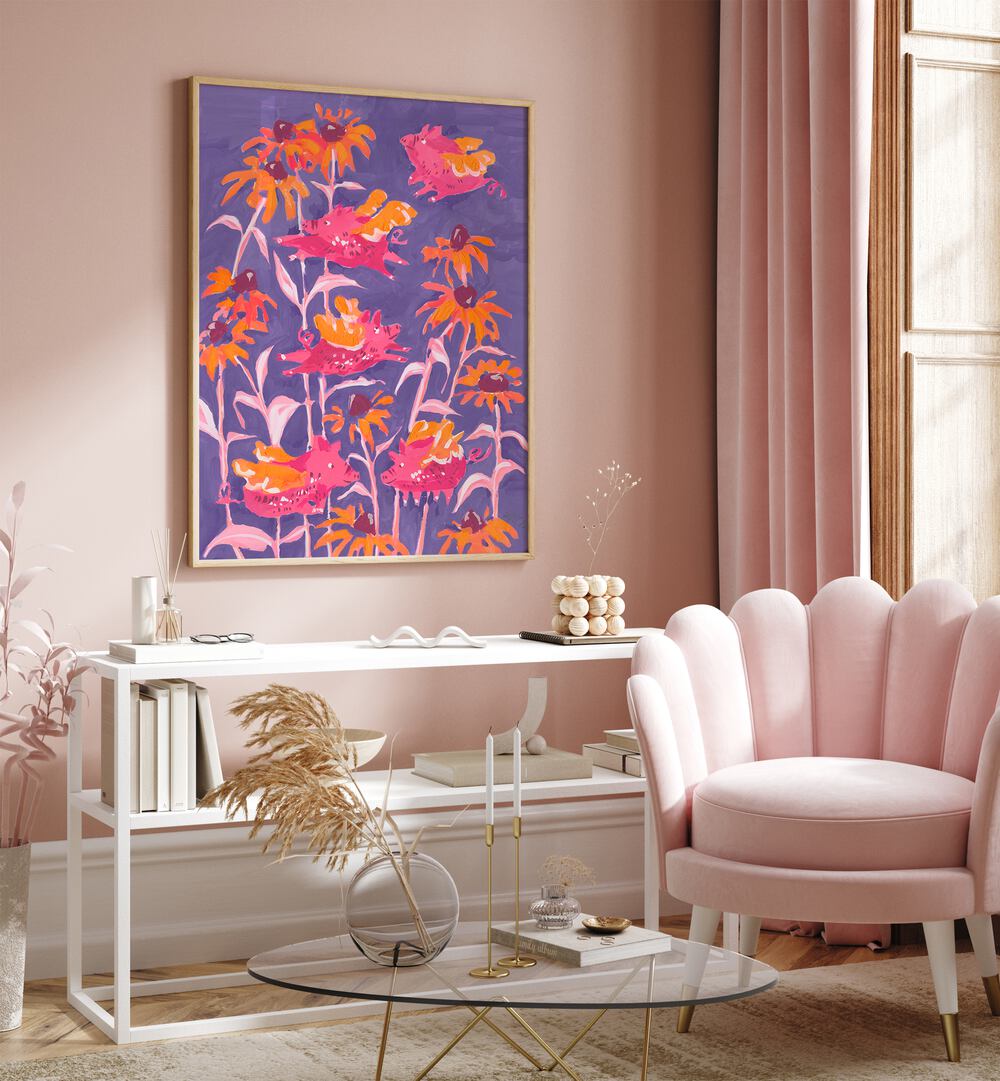 Pink Flying Piglets By Ania Zwara Botanical Art Prints Floral Paintings in Oak Wood Plain Frame placed on a Pink Colored Wall above a Console Table in the Drawing Room