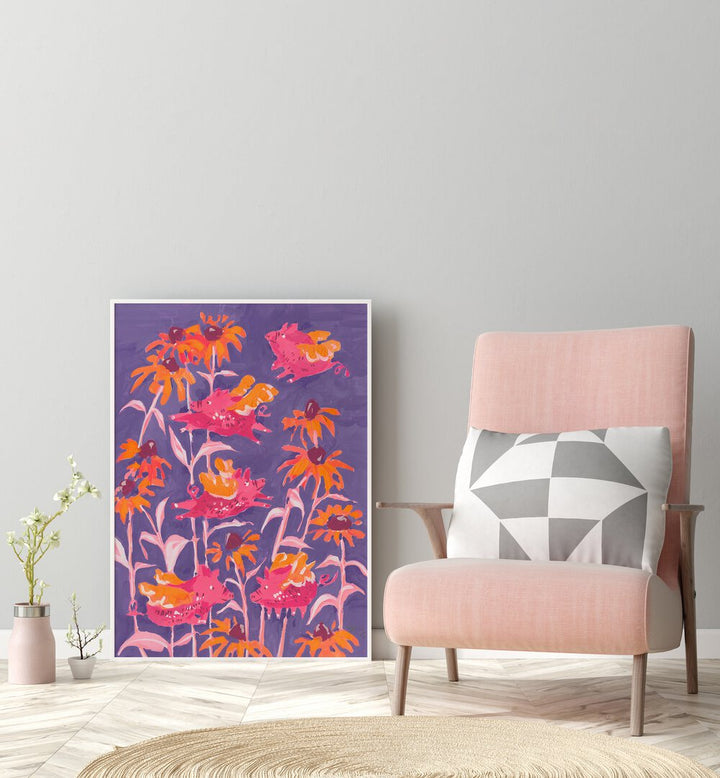 Pink Flying Piglets By Ania Zwara Botanical Art Prints Floral Paintings in White Plain Frame placed on the floor near a Grey Colored Wall in the Drawing Room