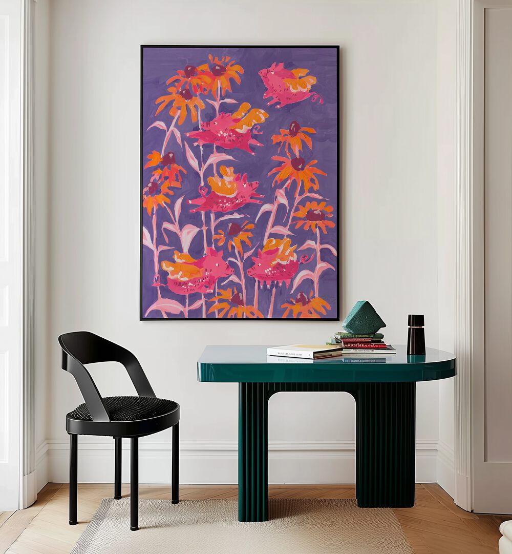 Pink Flying Piglets By Ania Zwara Botanical Art Prints Floral Paintings in Black Plain Frame placed on a Cream Colored Wall near a Table in a Workspace in the Drawing Room