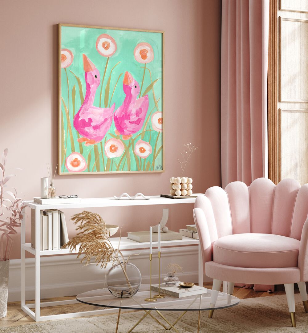 Pink Gees In The Garden By Ania Zwara Botanical Art Prints Floral Paintings in Oak Wood Plain Frame placed on a Pink Colored Wall above a Console Table in the Drawing Room