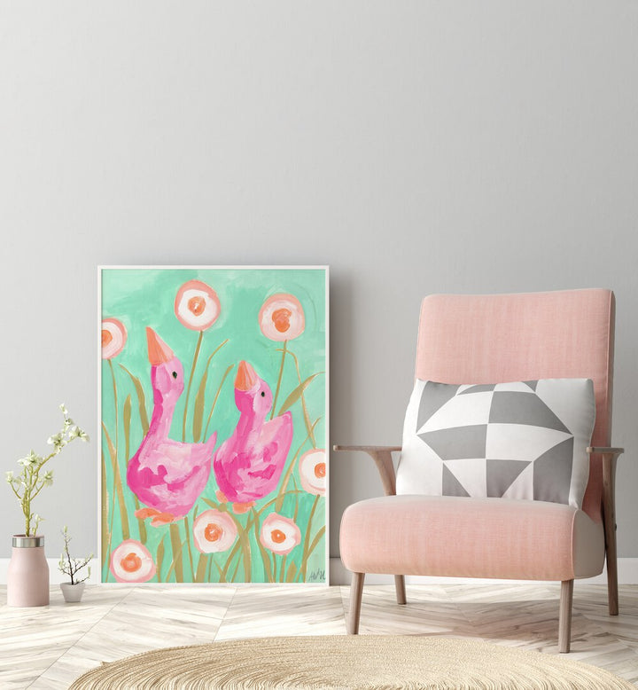 Pink Gees In The Garden By Ania Zwara Botanical Art Prints Floral Paintings in White Plain Frame placed on the floor near a Grey Colored Wall in the Drawing Room