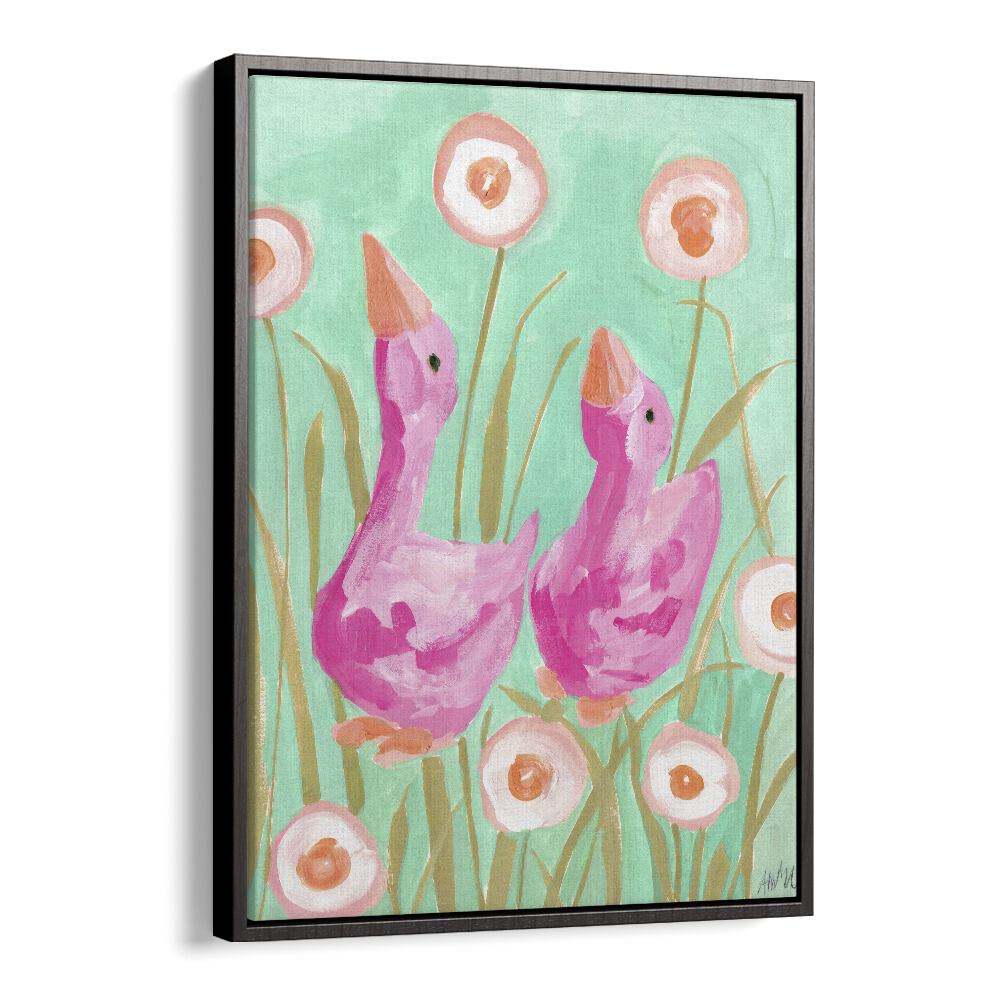 Pink Gees In The Garden By Ania Zwara Botanical Art Prints Floral Paintings in Black Floater Frame