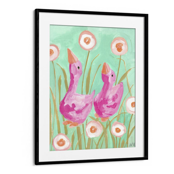 Pink Gees In The Garden By Ania Zwara Botanical Art Prints Floral Paintings in Black Frame With Mount