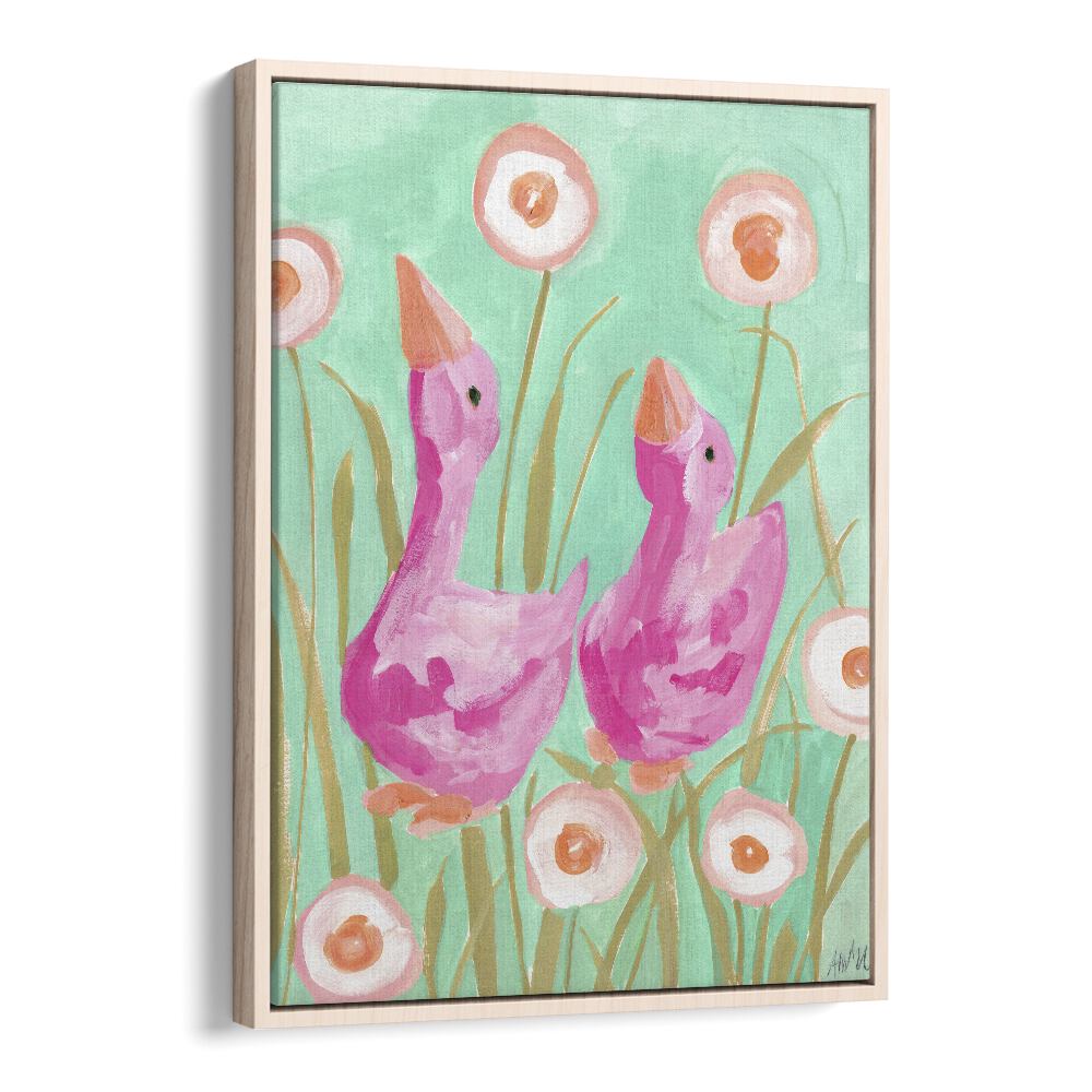 Pink Gees In The Garden By Ania Zwara Botanical Art Prints Floral Paintings in Oak Wood Floater Frame