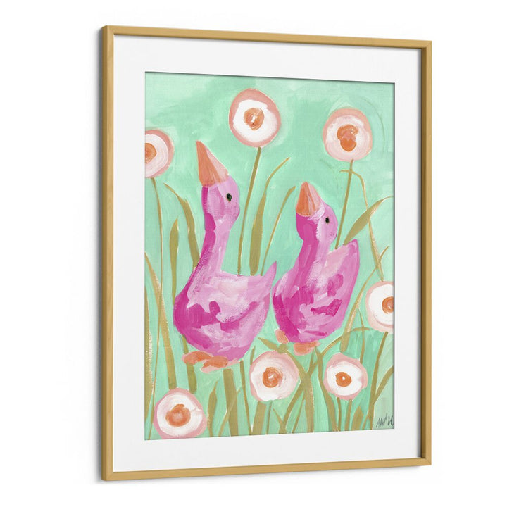 Pink Gees In The Garden By Ania Zwara Botanical Art Prints Floral Paintings in Oak Wood Frame With Mount