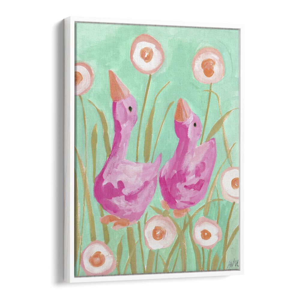 Pink Gees In The Garden By Ania Zwara Botanical Art Prints Floral Paintings in White Floater Frame