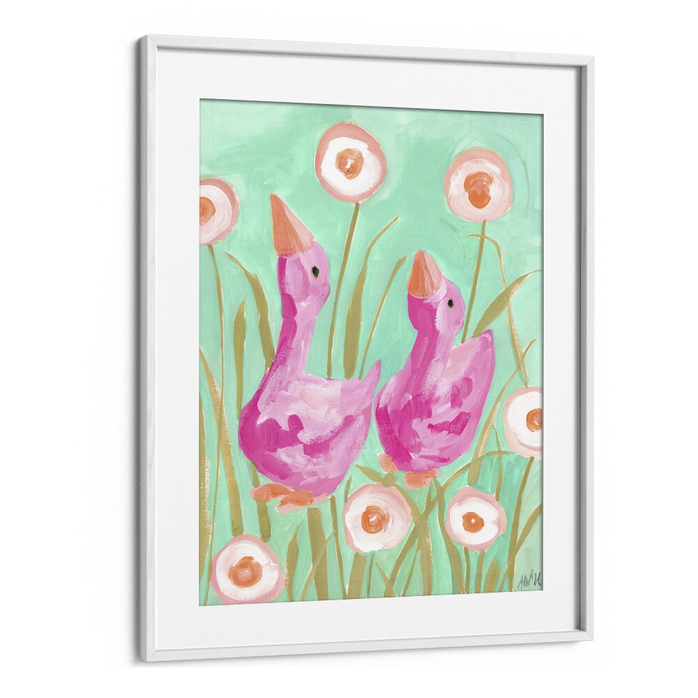 Pink Gees In The Garden By Ania Zwara Botanical Art Prints Floral Paintings in White Frame With Mount