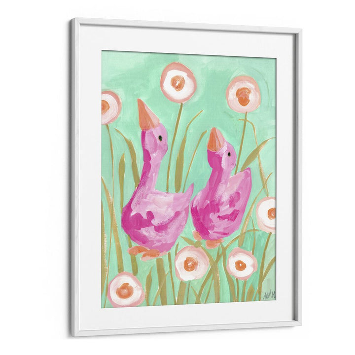 Pink Gees In The Garden By Ania Zwara Botanical Art Prints Floral Paintings in White Frame With Mount