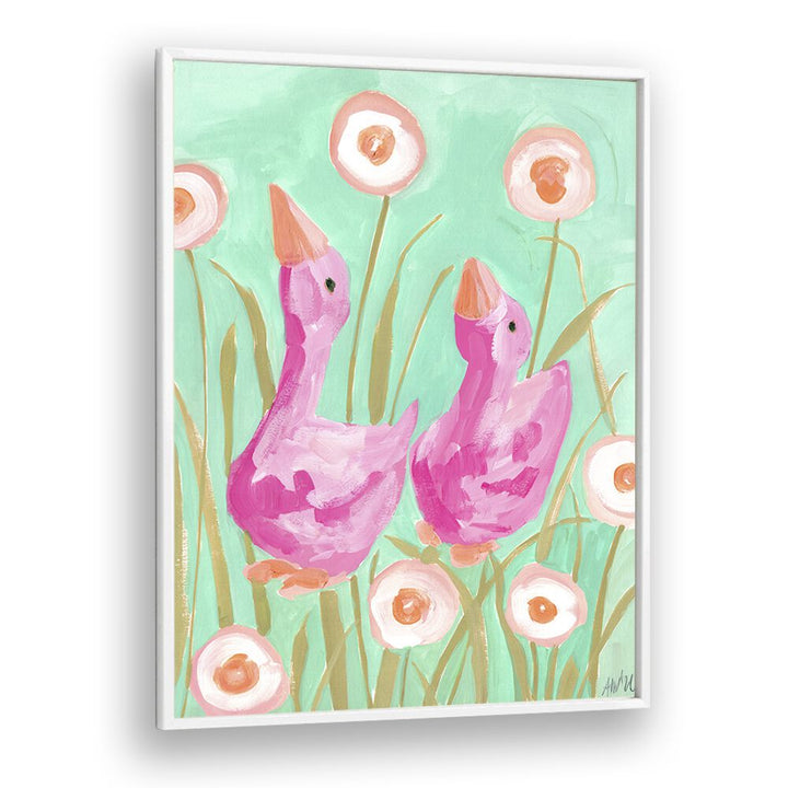 Pink Gees In The Garden By Ania Zwara Botanical Art Prints Floral Paintings in White Plain Frame