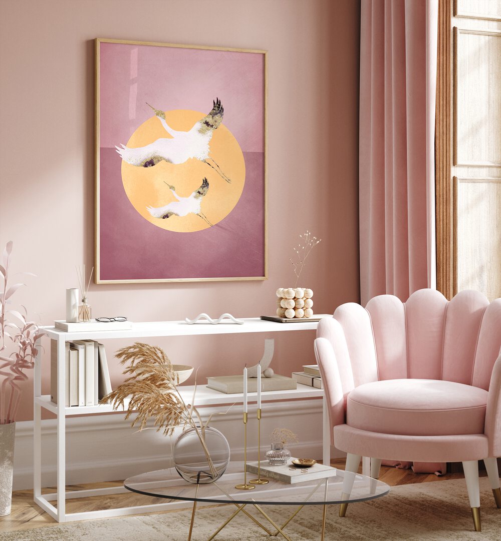 Pink Gold Crane By Aureous Wildlife Art Prints in Oak Wood Plain Frame placed on a Pink Colored Wall above a Console Table in the Drawing Room