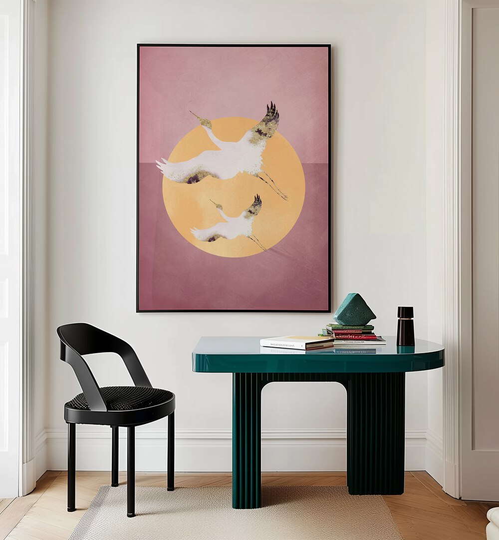 Pink Gold Crane By Aureous Wildlife Art Prints in Black Plain Frame placed on a Cream Colored Wall near a Table in a Workspace in the Drawing Room