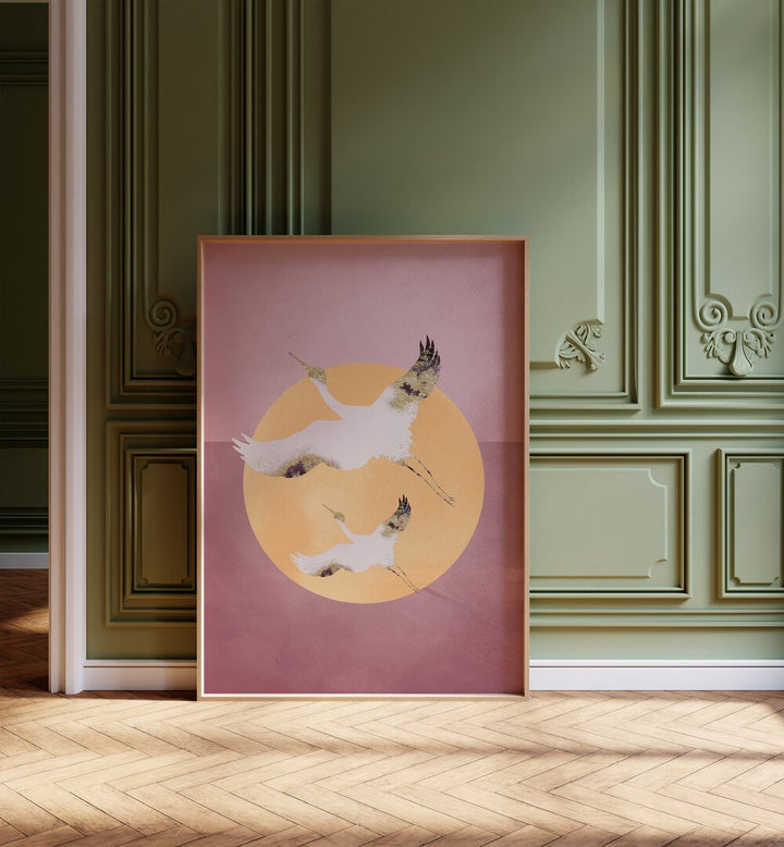 Pink Gold Crane By Aureous Wildlife Art Prints in Oak Wood Plain Frame placed on the floor near a Green Colored Wall in the Alley Way