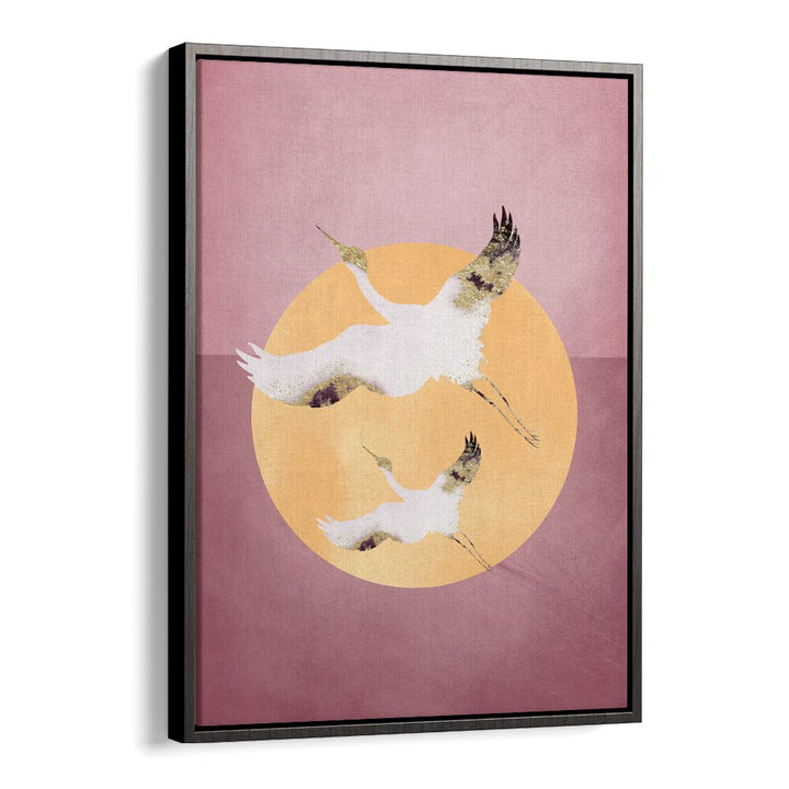 Pink Gold Crane By Aureous Wildlife Art Prints in Black Floater Frame