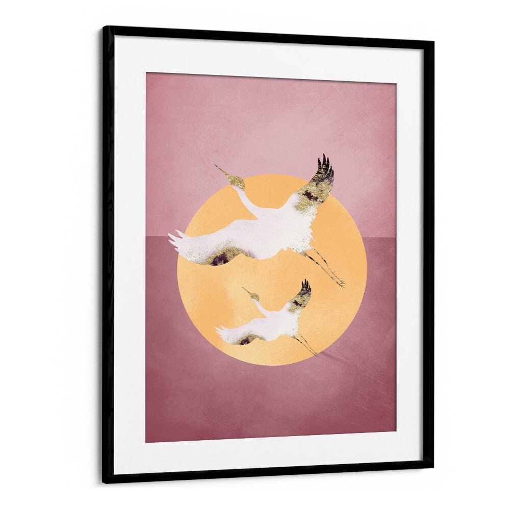 Pink Gold Crane By Aureous Wildlife Art Prints in Black Frame With Mount