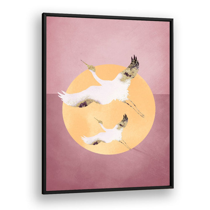 Pink Gold Crane By Aureous Wildlife Art Prints in Black Plain Frame