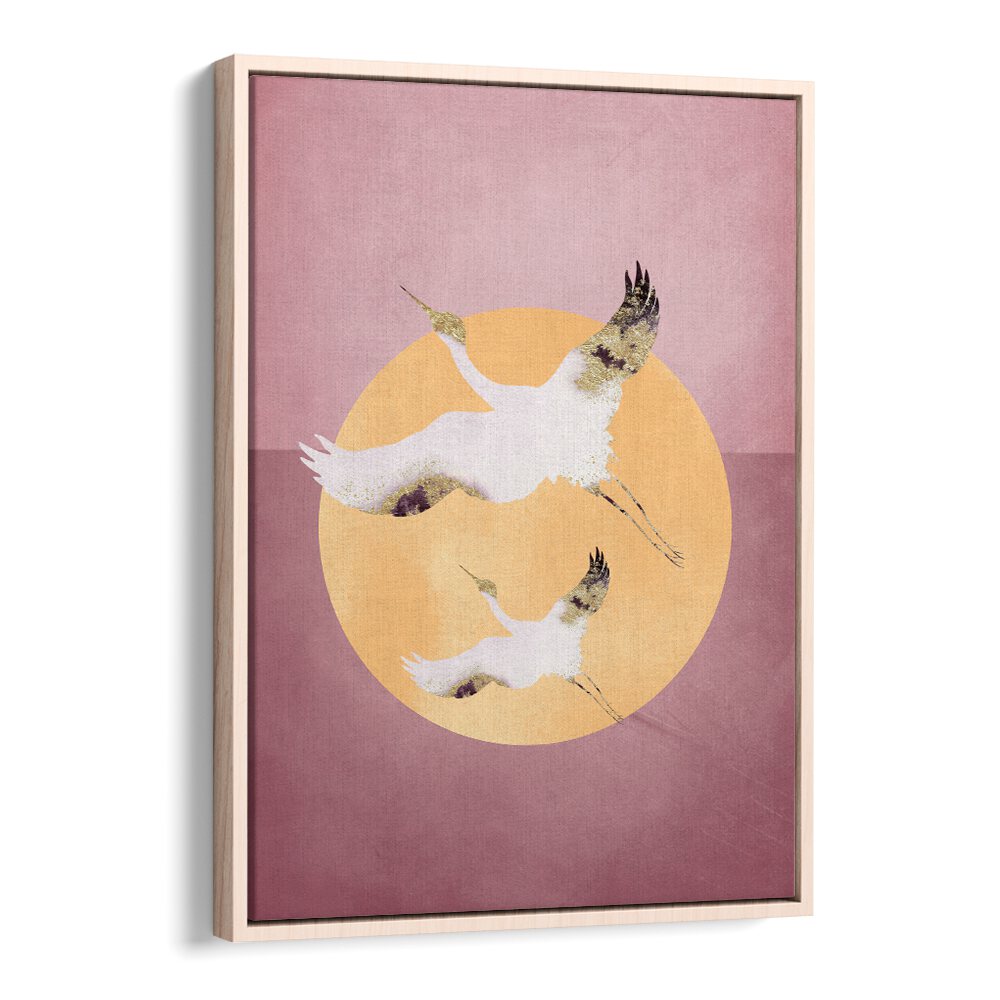 Pink Gold Crane By Aureous Wildlife Art Prints in Oak Wood Floater Frame