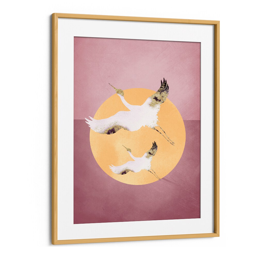 Pink Gold Crane By Aureous Wildlife Art Prints in Oak Wood Frame With Mount