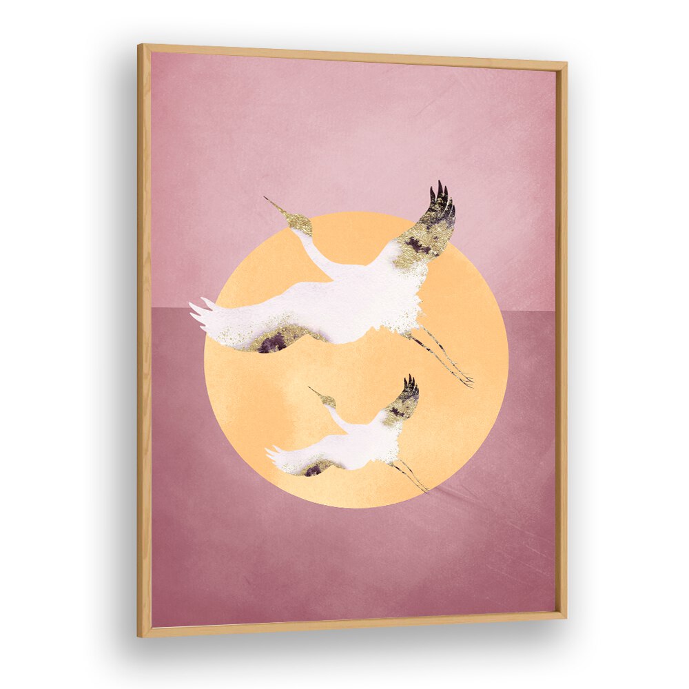 Pink Gold Crane By Aureous Wildlife Art Prints in Oak Wood Plain Frame