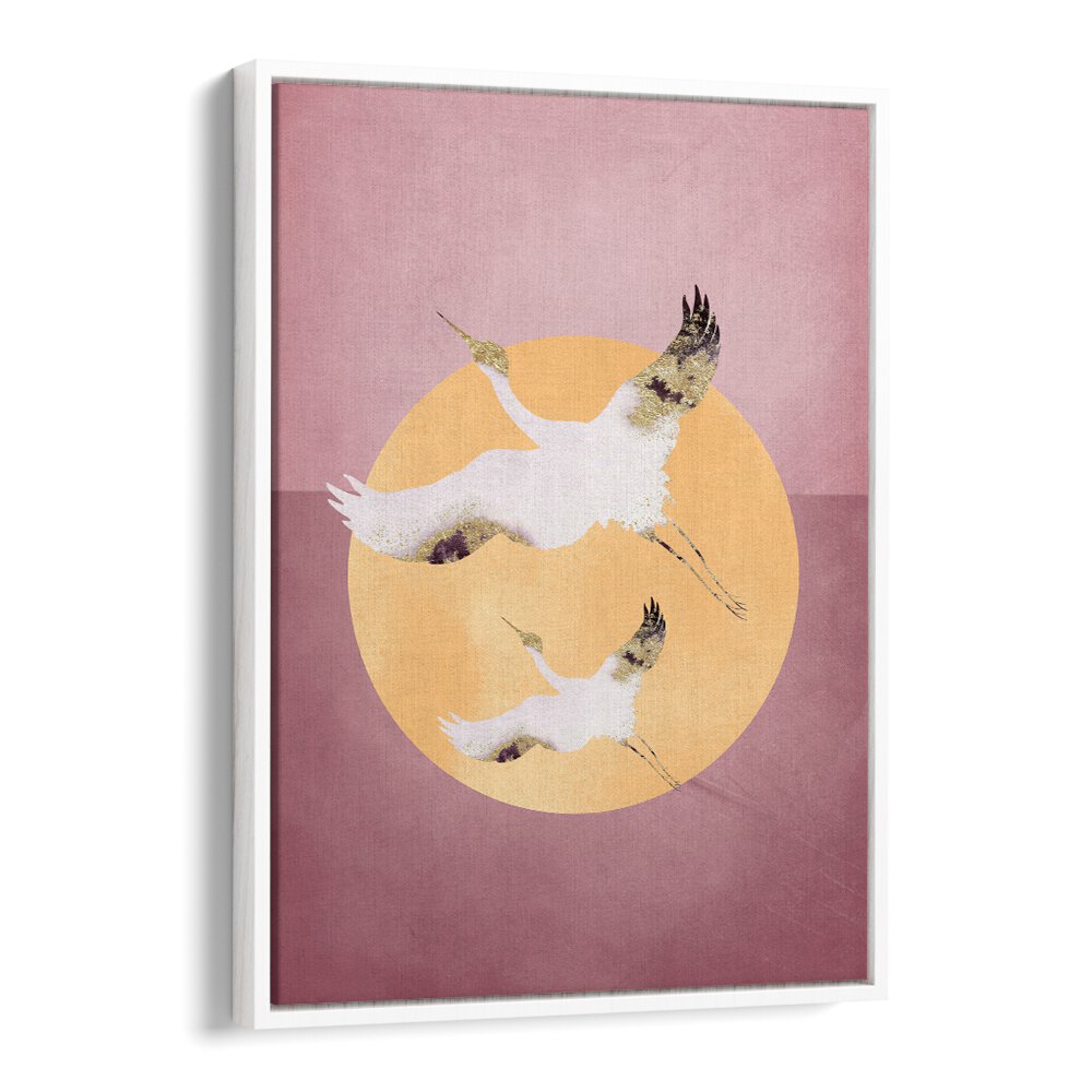 Pink Gold Crane By Aureous Wildlife Art Prints in White Floater Frame