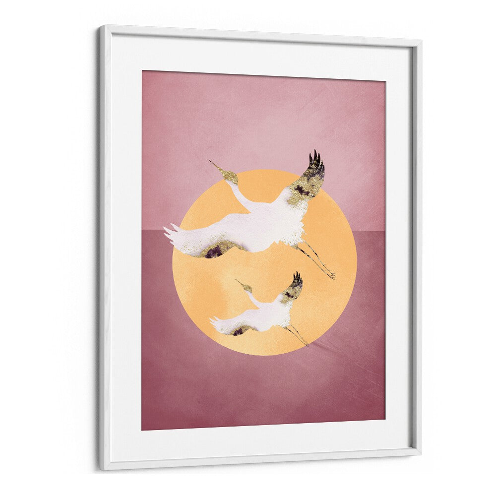 Pink Gold Crane By Aureous Wildlife Art Prints in White Frame With Mount