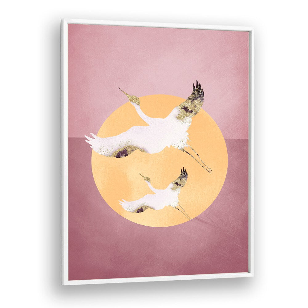 Pink Gold Crane By Aureous Wildlife Art Prints in White Plain Frame