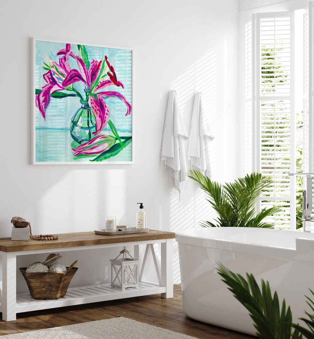 Pink Lilies By Key And Sea Creative Botanical Room Art in White Plain Frame above a table for bathroom 