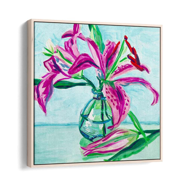 Pink Lilies By Key And Sea Creative Botanical Room Art in Oak Wood Floater Frame